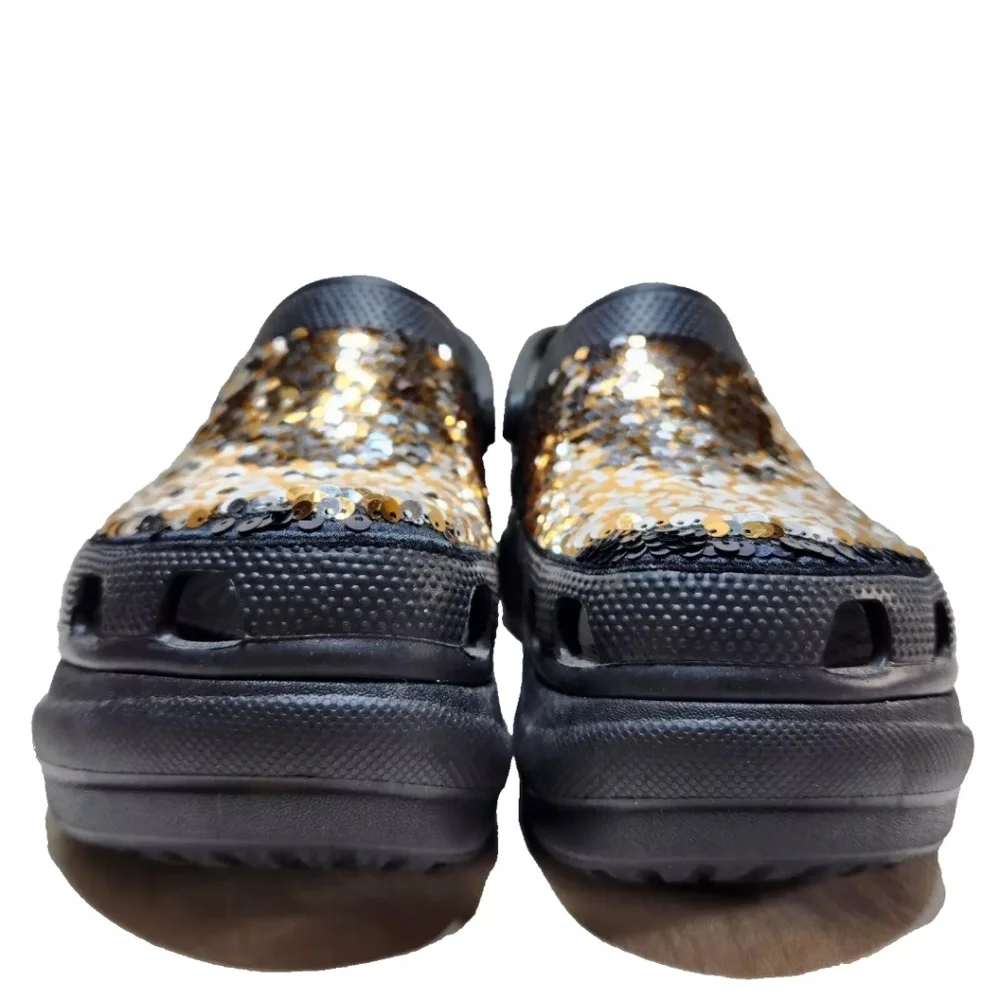 CROCS Classic Bae Silver Gold Sequin Platform Clog Sz 9 Black Multi - Picture 6 of 14